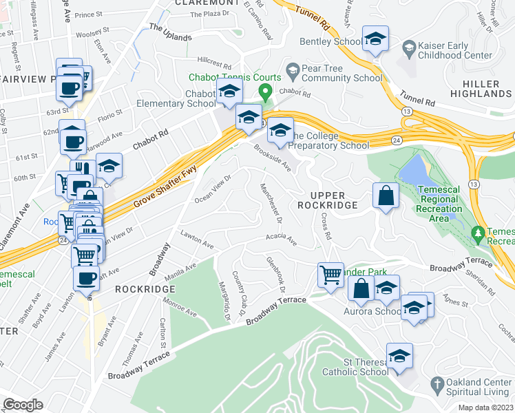 map of restaurants, bars, coffee shops, grocery stores, and more near 5971 Margarido Drive in Oakland