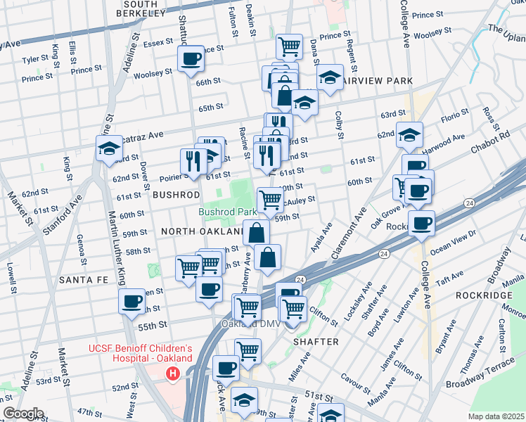 map of restaurants, bars, coffee shops, grocery stores, and more near 5940 Racine Street in Oakland