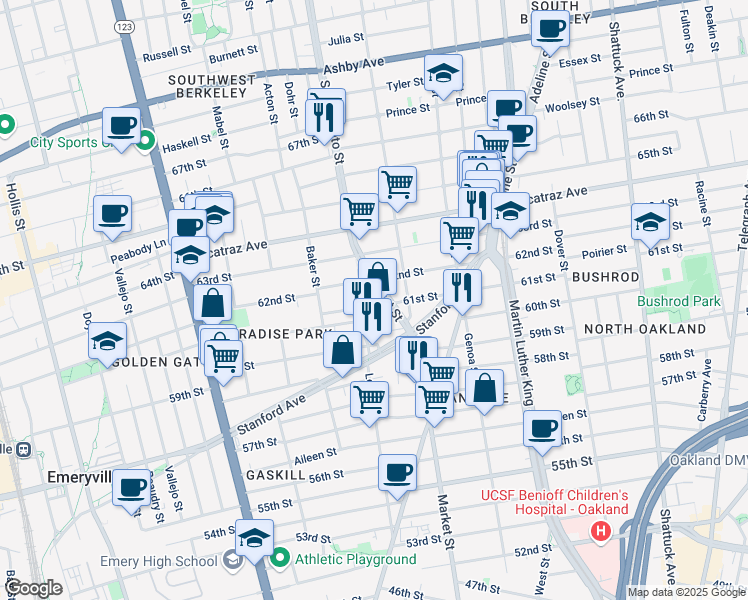 map of restaurants, bars, coffee shops, grocery stores, and more near 947 61st Street in Oakland