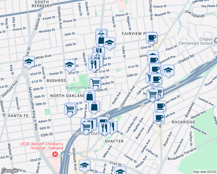 map of restaurants, bars, coffee shops, grocery stores, and more near 5912 Canning Street in Oakland