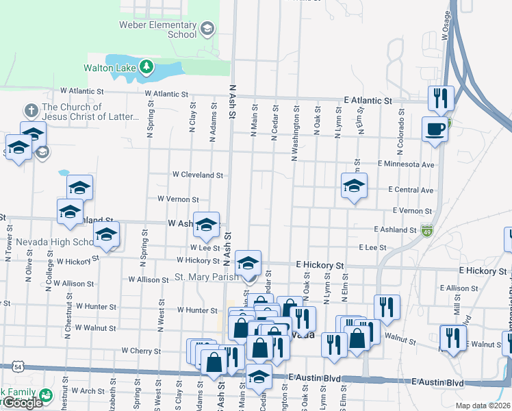 map of restaurants, bars, coffee shops, grocery stores, and more near 716 North Main Street in Nevada