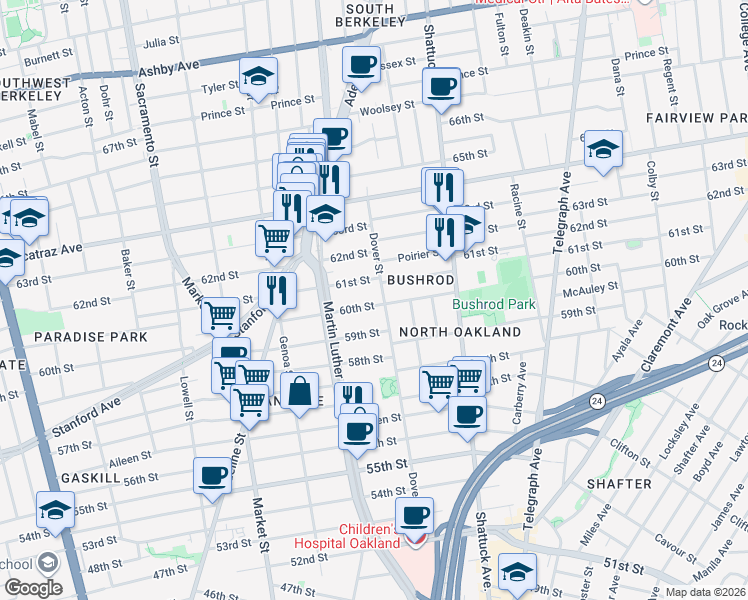 map of restaurants, bars, coffee shops, grocery stores, and more near 749 60th Street in Oakland