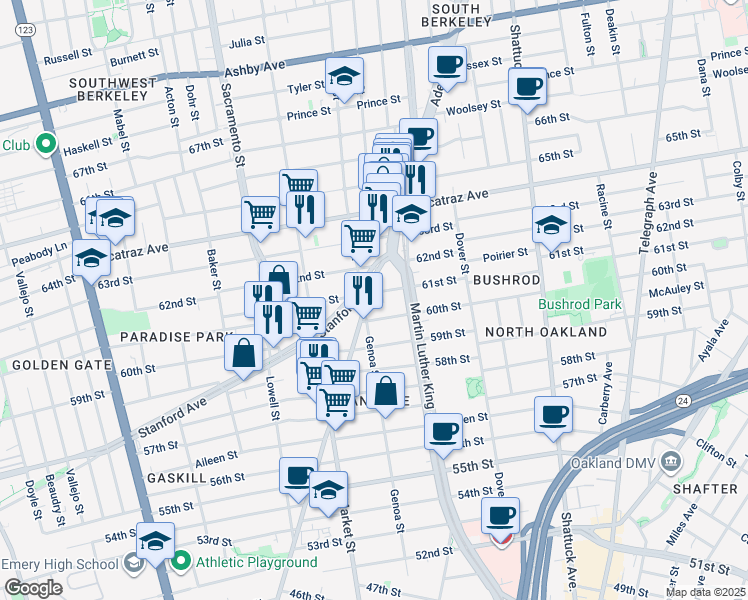map of restaurants, bars, coffee shops, grocery stores, and more near 848 60th Street in Oakland