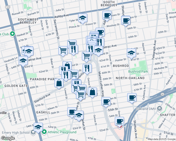 map of restaurants, bars, coffee shops, grocery stores, and more near 848 60th Street in Oakland