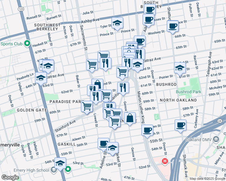 map of restaurants, bars, coffee shops, grocery stores, and more near 863 Stanford Avenue in Oakland