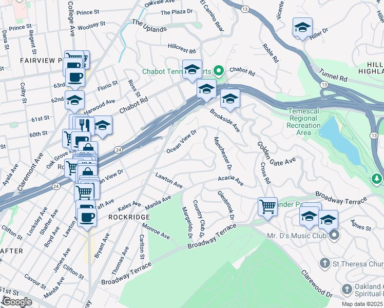 map of restaurants, bars, coffee shops, grocery stores, and more near 3 Rockridge Place in Oakland