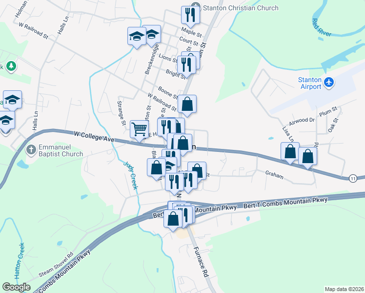 map of restaurants, bars, coffee shops, grocery stores, and more near 35 East College Avenue in Stanton
