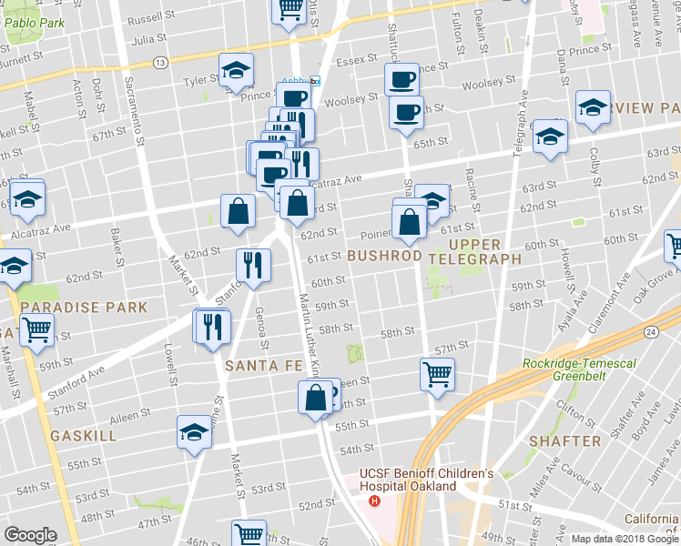 map of restaurants, bars, coffee shops, grocery stores, and more near 749 60th Street in Oakland