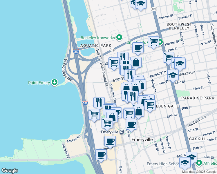 map of restaurants, bars, coffee shops, grocery stores, and more near 1490 64th Street in Emeryville