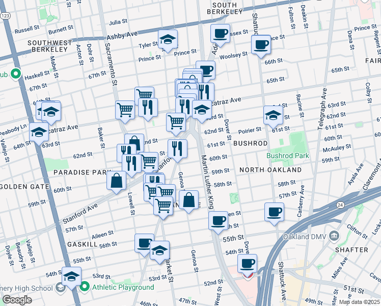 map of restaurants, bars, coffee shops, grocery stores, and more near 848 60th Street in Oakland