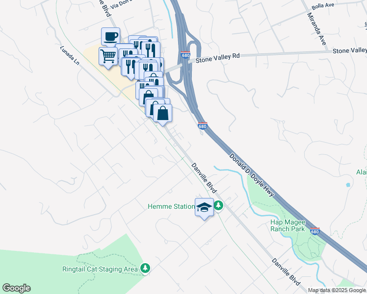 map of restaurants, bars, coffee shops, grocery stores, and more near 1396 Danville Boulevard in Alamo
