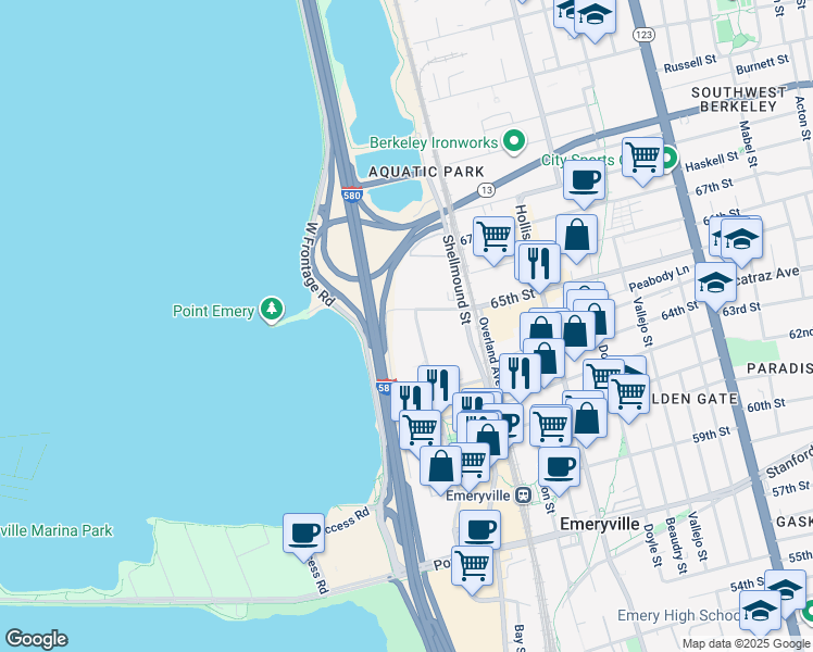 map of restaurants, bars, coffee shops, grocery stores, and more near 6455 Christie Avenue in Emeryville