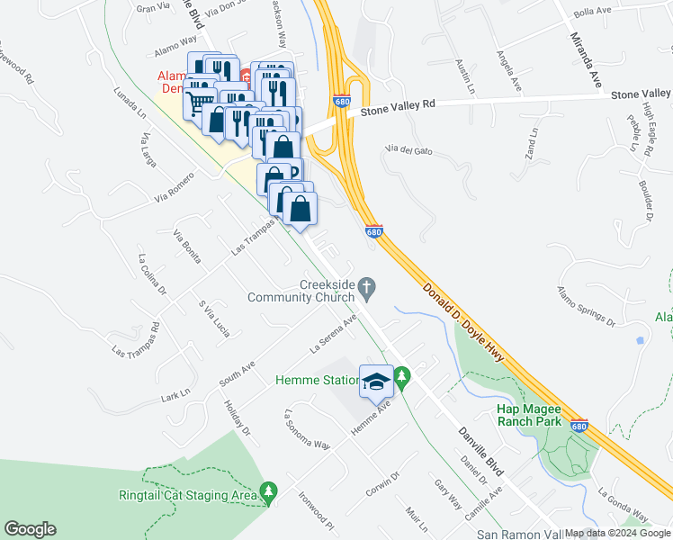 map of restaurants, bars, coffee shops, grocery stores, and more near 110 Wayland Lane in Alamo
