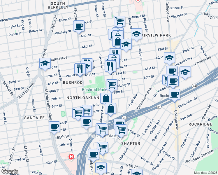 map of restaurants, bars, coffee shops, grocery stores, and more near 5940 Racine Street in Oakland
