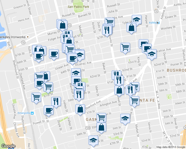 map of restaurants, bars, coffee shops, grocery stores, and more near 1051 62nd Street in Oakland