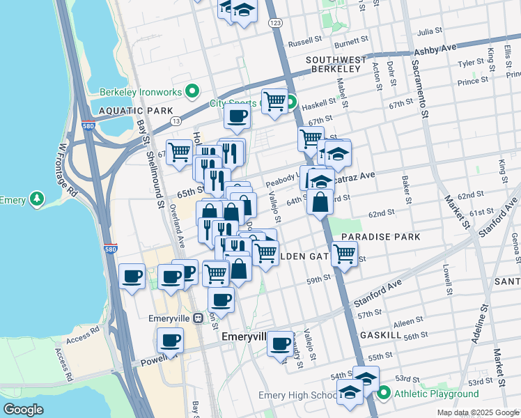 map of restaurants, bars, coffee shops, grocery stores, and more near 1285 64th Street in Emeryville