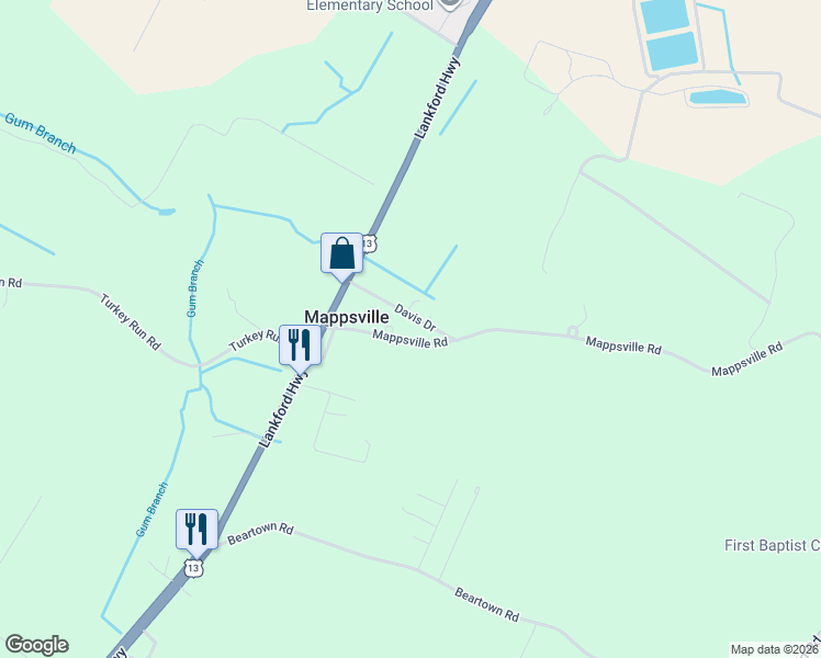 map of restaurants, bars, coffee shops, grocery stores, and more near Mappsville Road in Bloxom
