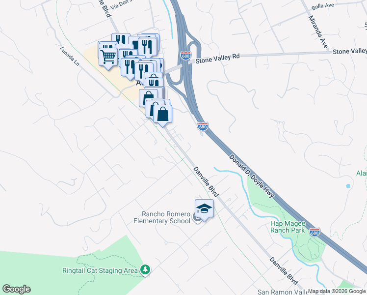 map of restaurants, bars, coffee shops, grocery stores, and more near 1396 Danville Boulevard in Alamo