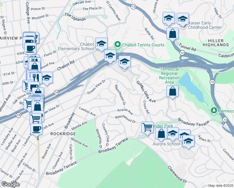 map of restaurants, bars, coffee shops, grocery stores, and more near 5978 Margarido Drive in Oakland