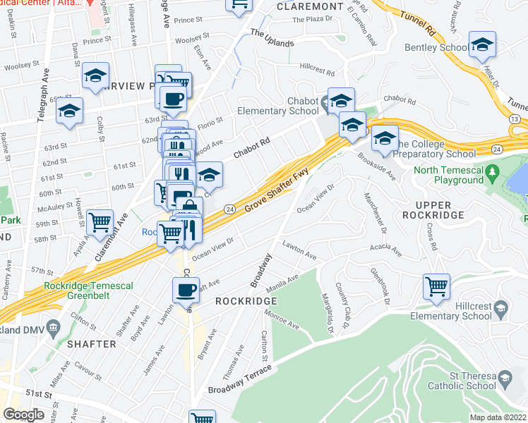map of restaurants, bars, coffee shops, grocery stores, and more near 5925 Keith Avenue in Oakland