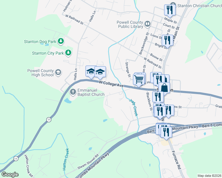map of restaurants, bars, coffee shops, grocery stores, and more near 454 Kentucky 15 in Stanton