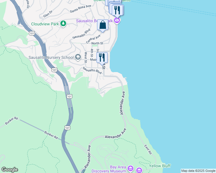 map of restaurants, bars, coffee shops, grocery stores, and more near 209 Hi Vista Road in Sausalito