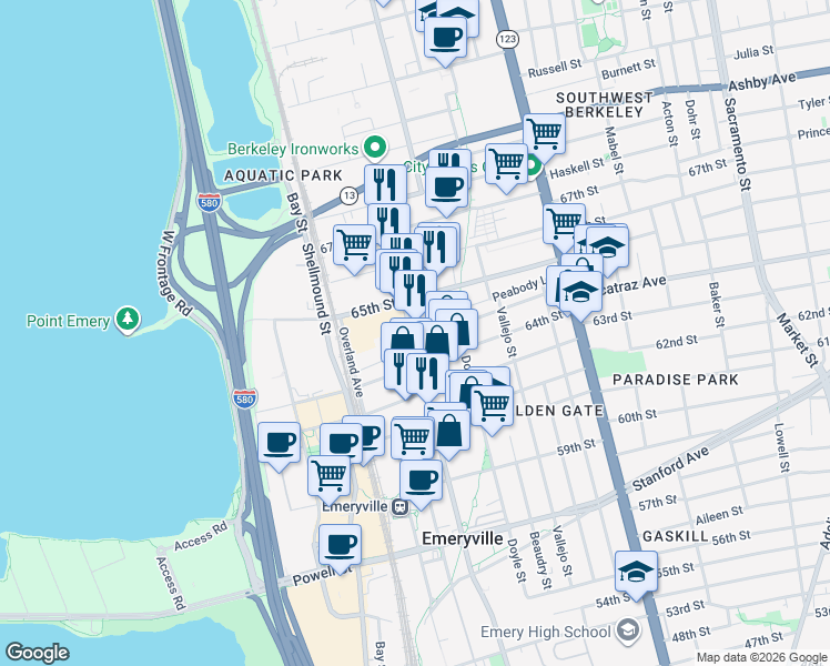 map of restaurants, bars, coffee shops, grocery stores, and more near 52 Glashaus Loop in Emeryville
