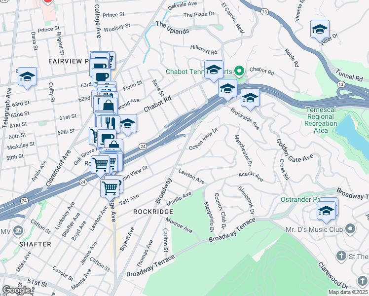 map of restaurants, bars, coffee shops, grocery stores, and more near 5975 Keith Avenue in Oakland