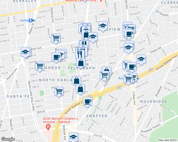 map of restaurants, bars, coffee shops, grocery stores, and more near 455 60th Street in Oakland