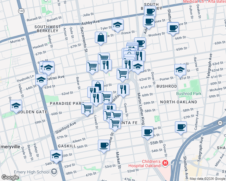 map of restaurants, bars, coffee shops, grocery stores, and more near 882 61st Street in Oakland