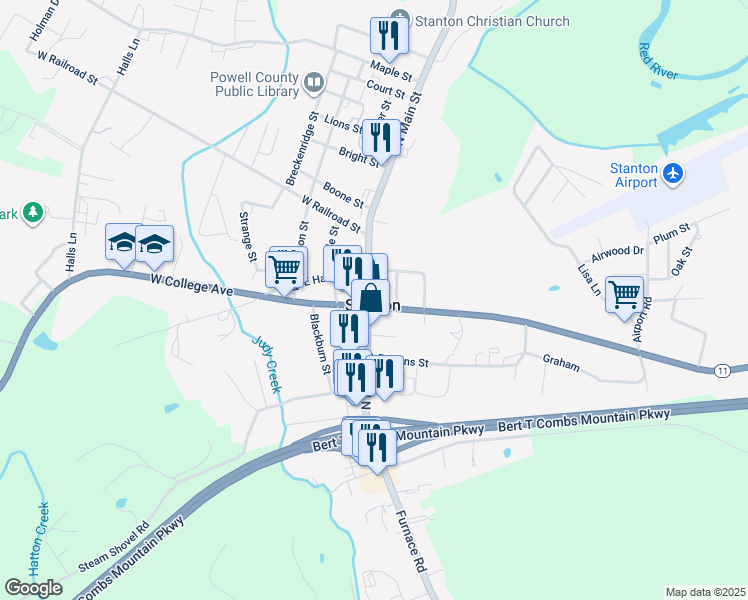 map of restaurants, bars, coffee shops, grocery stores, and more near 59 Strode Street in Stanton