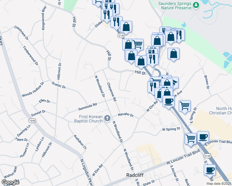 map of restaurants, bars, coffee shops, grocery stores, and more near Commanche Lane in Radcliff