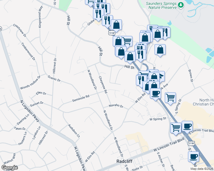 map of restaurants, bars, coffee shops, grocery stores, and more near Commanche Lane in Radcliff
