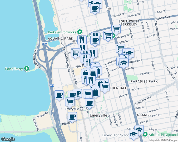map of restaurants, bars, coffee shops, grocery stores, and more near 52 Glashaus Loop in Emeryville