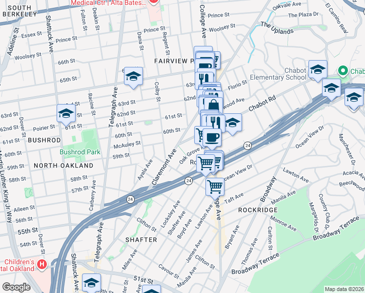 map of restaurants, bars, coffee shops, grocery stores, and more near 5808 Chabot Road in Oakland