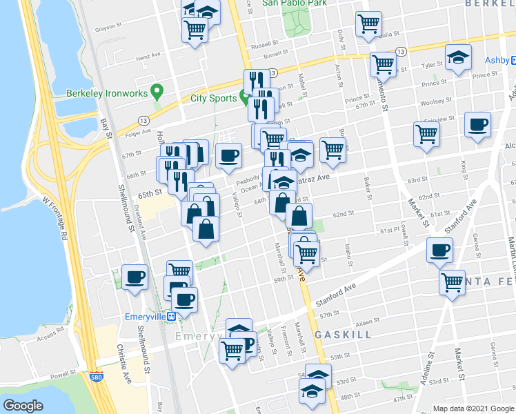 map of restaurants, bars, coffee shops, grocery stores, and more near 1161 64th Street in Oakland