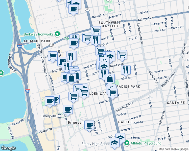 map of restaurants, bars, coffee shops, grocery stores, and more near 1161 64th Street in Oakland