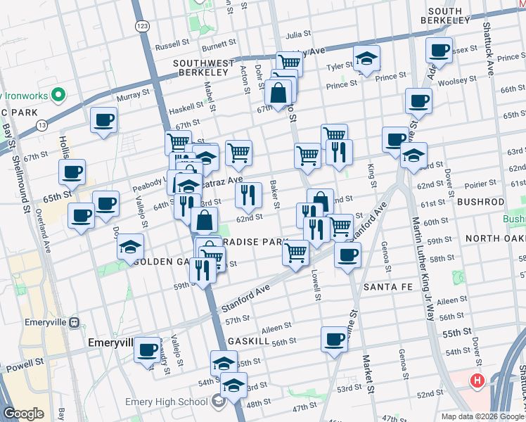 map of restaurants, bars, coffee shops, grocery stores, and more near 1006 62nd Street in Oakland