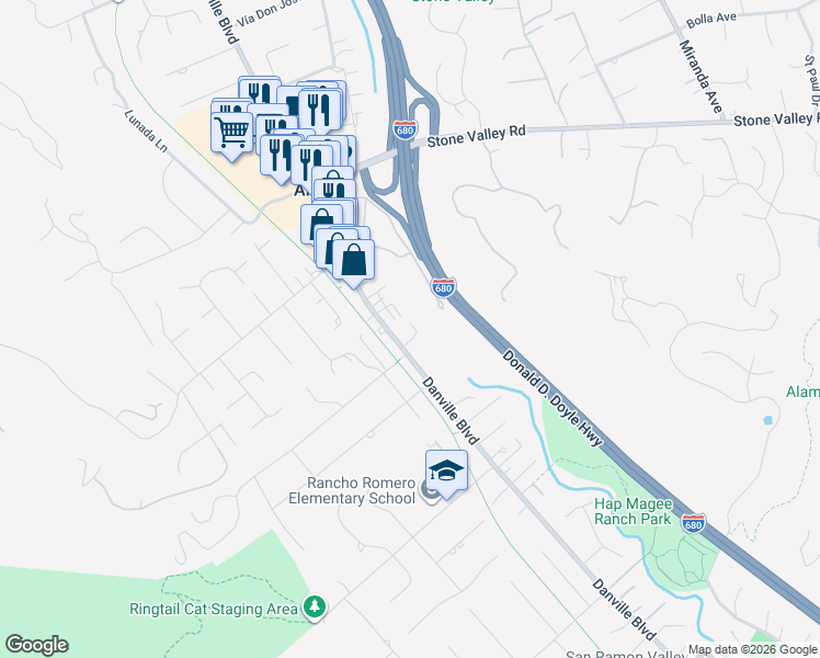 map of restaurants, bars, coffee shops, grocery stores, and more near 1394 Danville Boulevard in Alamo