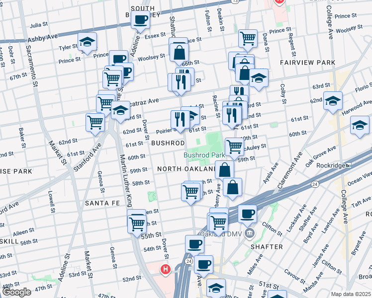 map of restaurants, bars, coffee shops, grocery stores, and more near Shattuck Avenue & 60th Street in Oakland