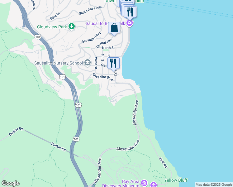 map of restaurants, bars, coffee shops, grocery stores, and more near 68 Edwards Avenue in Sausalito