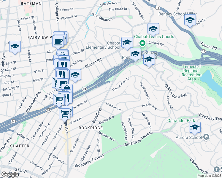 map of restaurants, bars, coffee shops, grocery stores, and more near 5975 Keith Avenue in Oakland
