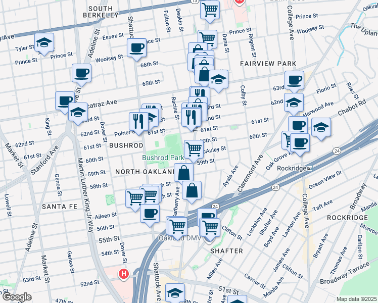 map of restaurants, bars, coffee shops, grocery stores, and more near 548 60th Street in Oakland