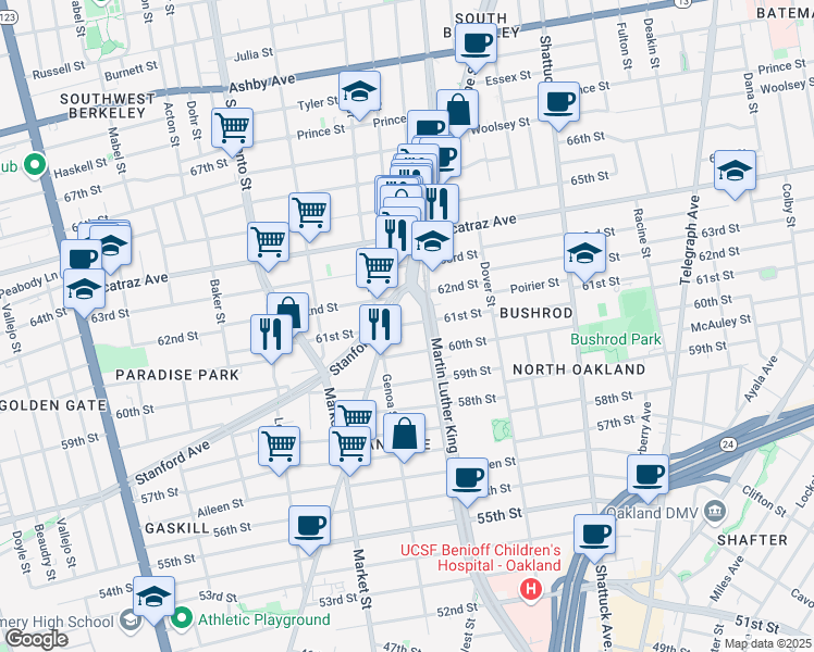 map of restaurants, bars, coffee shops, grocery stores, and more near 1764 62nd Street in Berkeley