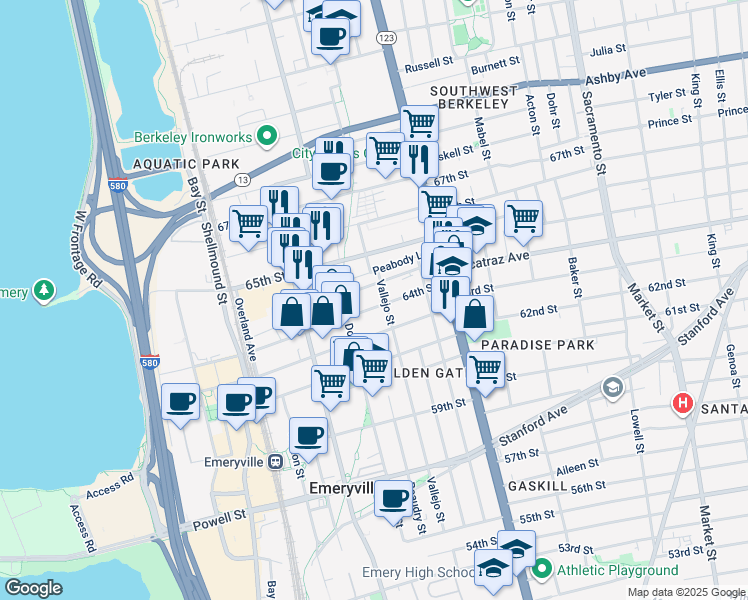 map of restaurants, bars, coffee shops, grocery stores, and more near 1197 Ocean Avenue in Oakland