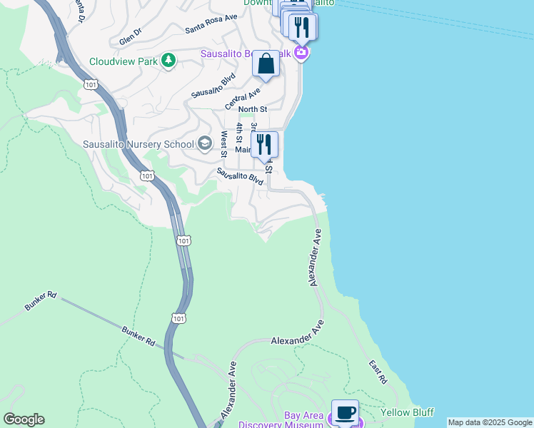 map of restaurants, bars, coffee shops, grocery stores, and more near 311 South Street in Sausalito