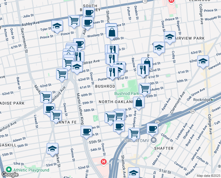 map of restaurants, bars, coffee shops, grocery stores, and more near 634 61st Street in Oakland