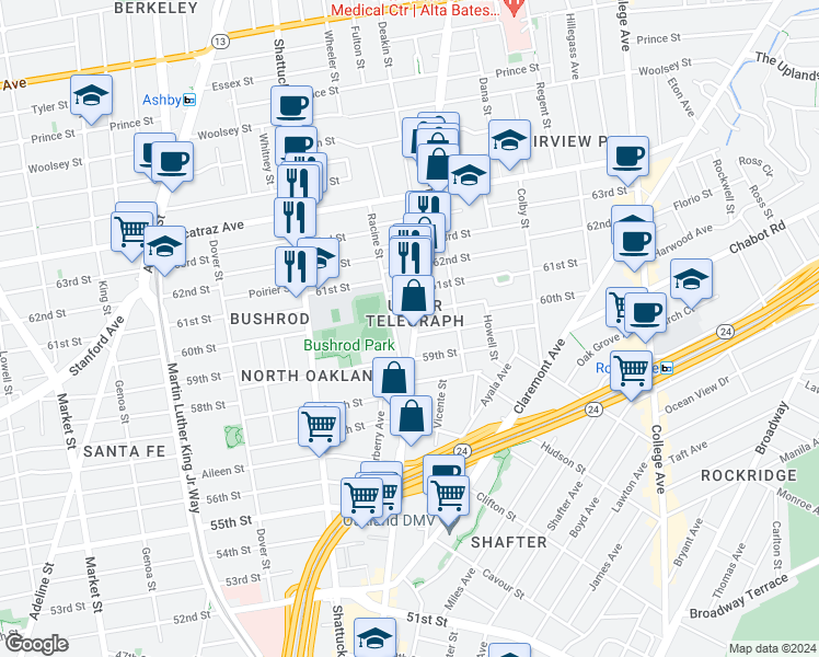 map of restaurants, bars, coffee shops, grocery stores, and more near 548 60th Street in Oakland