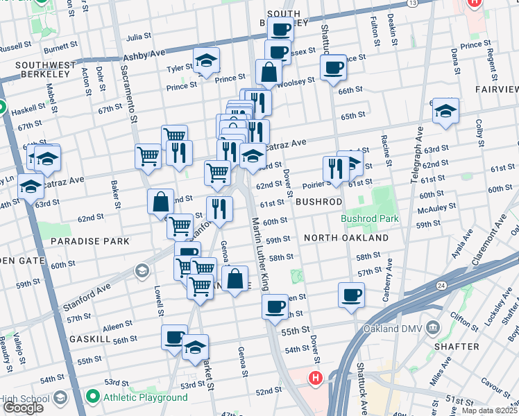 map of restaurants, bars, coffee shops, grocery stores, and more near in Oakland