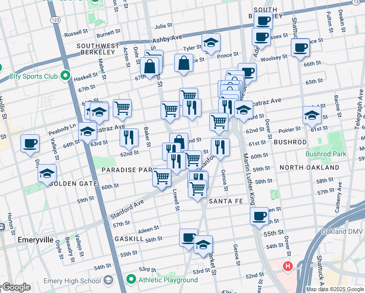 map of restaurants, bars, coffee shops, grocery stores, and more near in Oakland